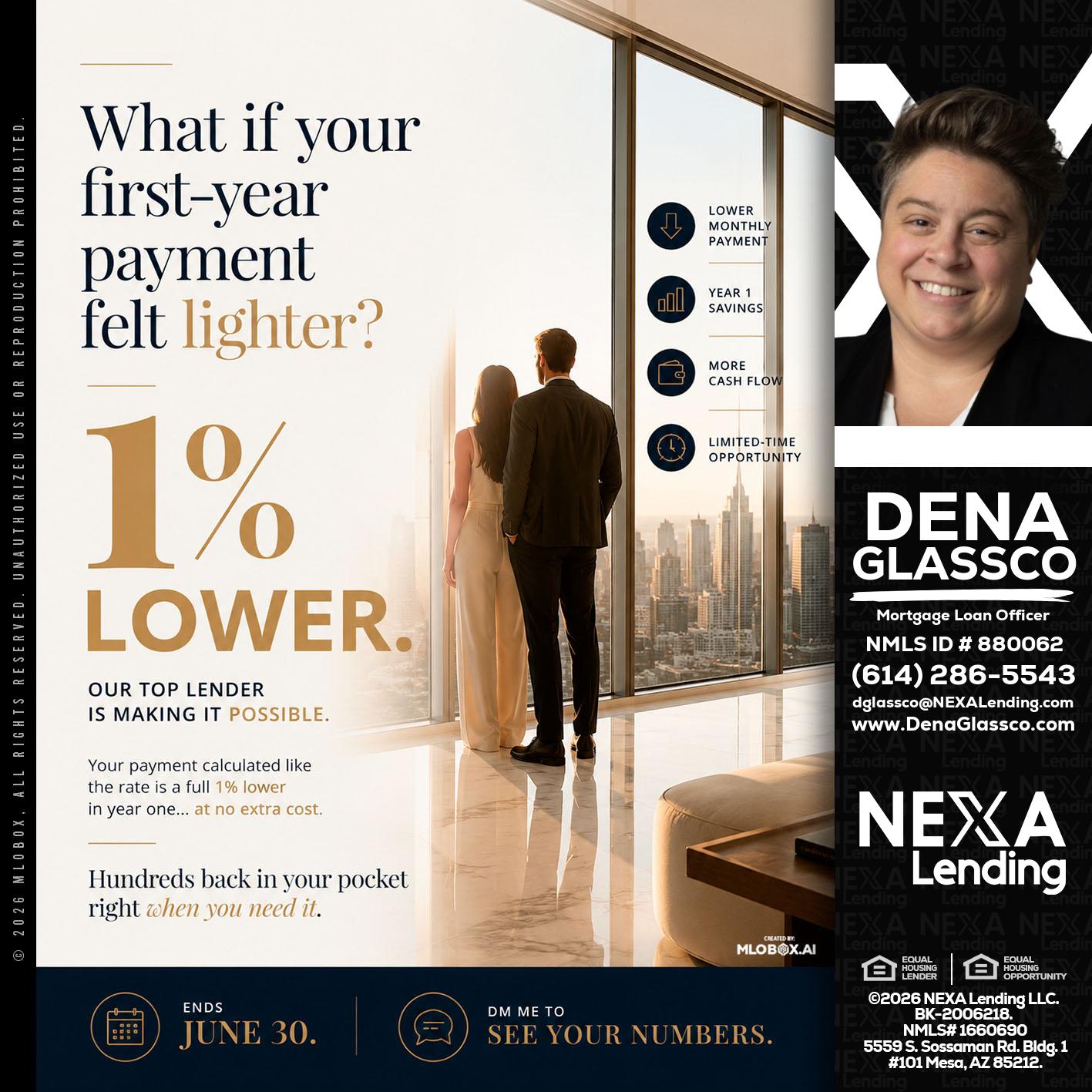 1% lower - Dena Glassco -Residential, Commercial, International Loan Officer