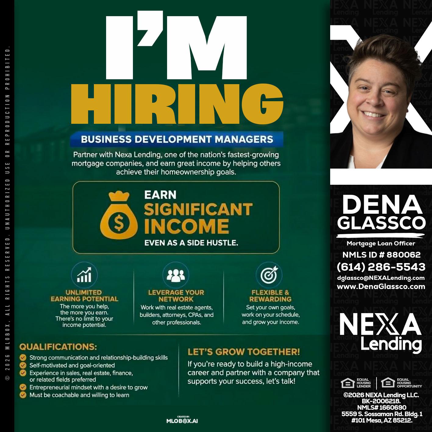 IM HIRING - Dena Glassco -Residential, Commercial, International Loan Officer